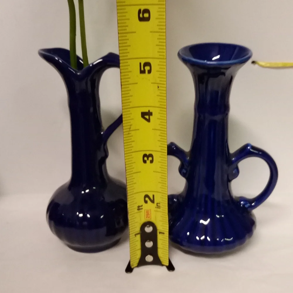 Vintage Cobalt Blue Pitcher Budding Vase Mini C-Handles Floral Pattern 5